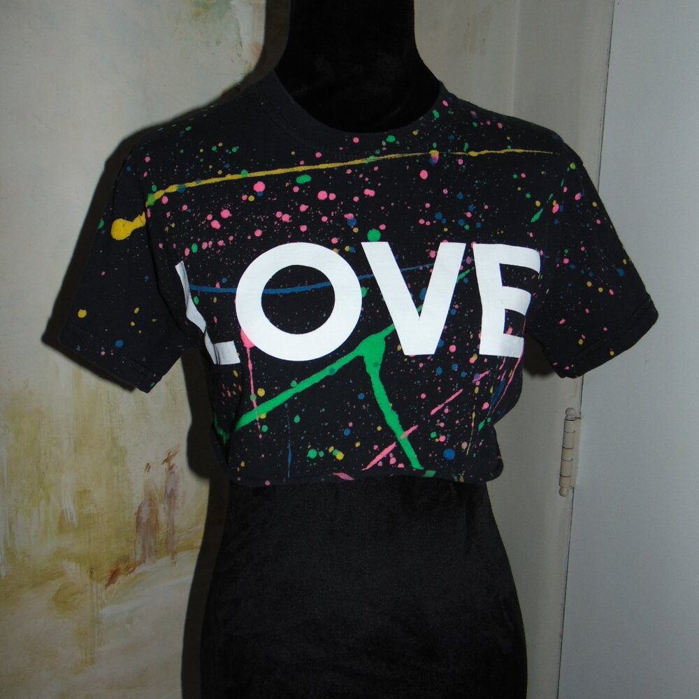 Rare Jet John Eshaya neon splatter 80s 90s short sleeve LOVE black crop top